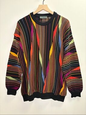 Vintage Tundra Multicolor 3D Wave-Stripe 100% Cotton Cosby Biggie Knit Sweater L